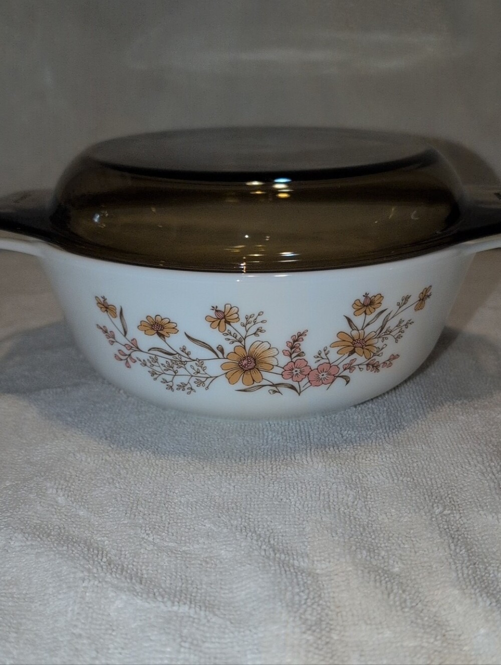 Rare JAJ Pyrex England Country Autumn/Woodland Floral Casserole#270 w/ Amber Lid